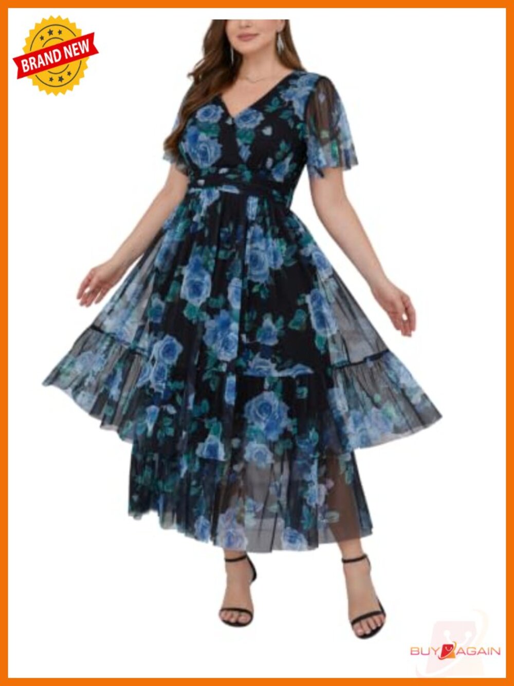 Plus Size Floral Mesh Maxi Wedding Guest Dress A-Line Flowy Formal